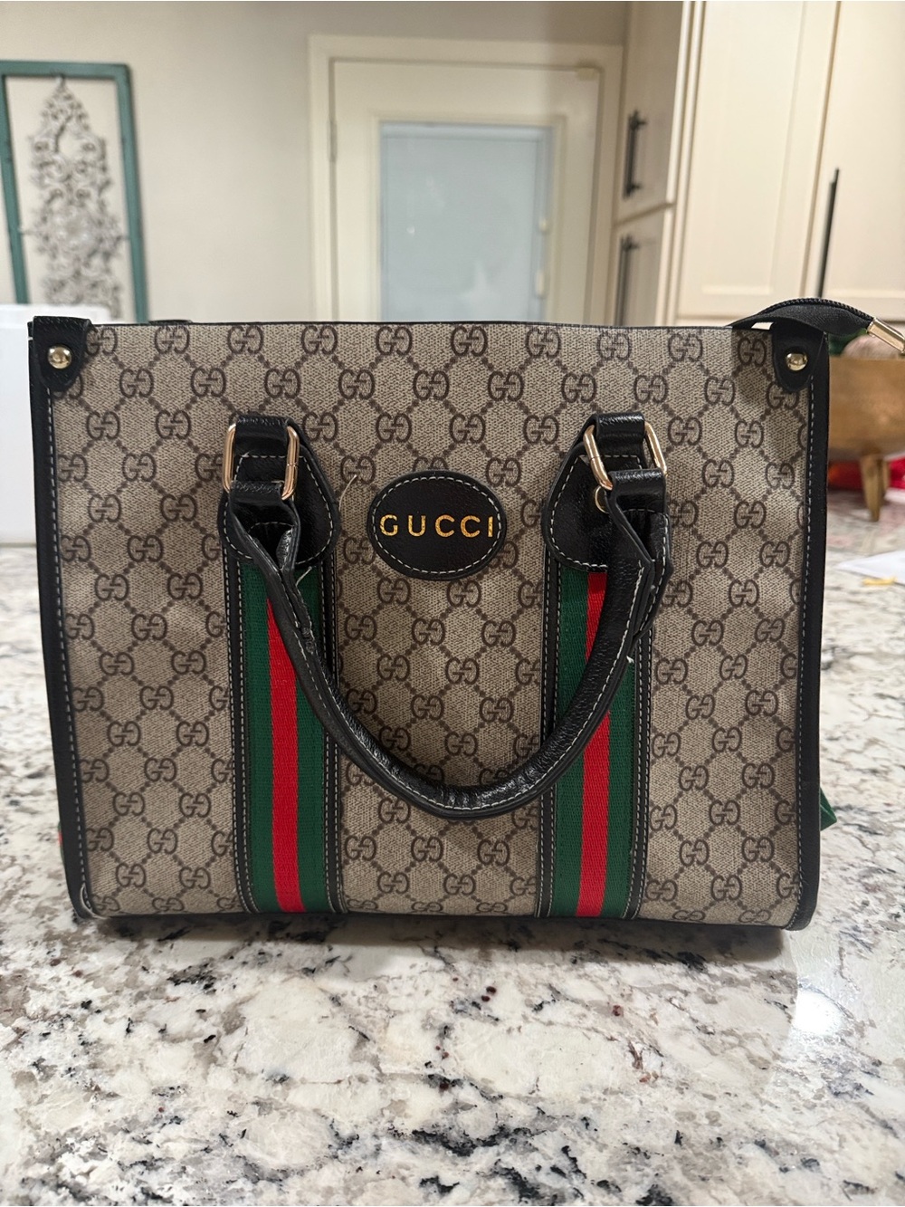 Beige Supreme Shoulder Tote with Green & Red Web